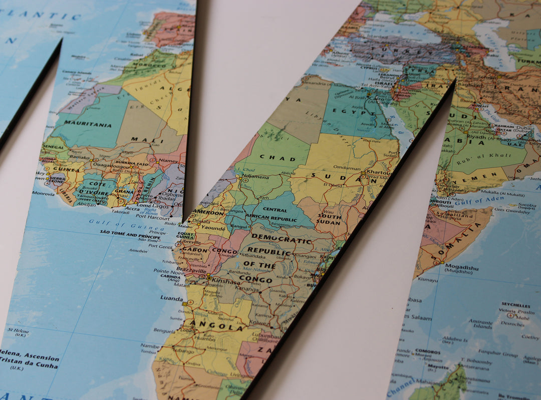 map covered wooden letters, map sign, wooden letters