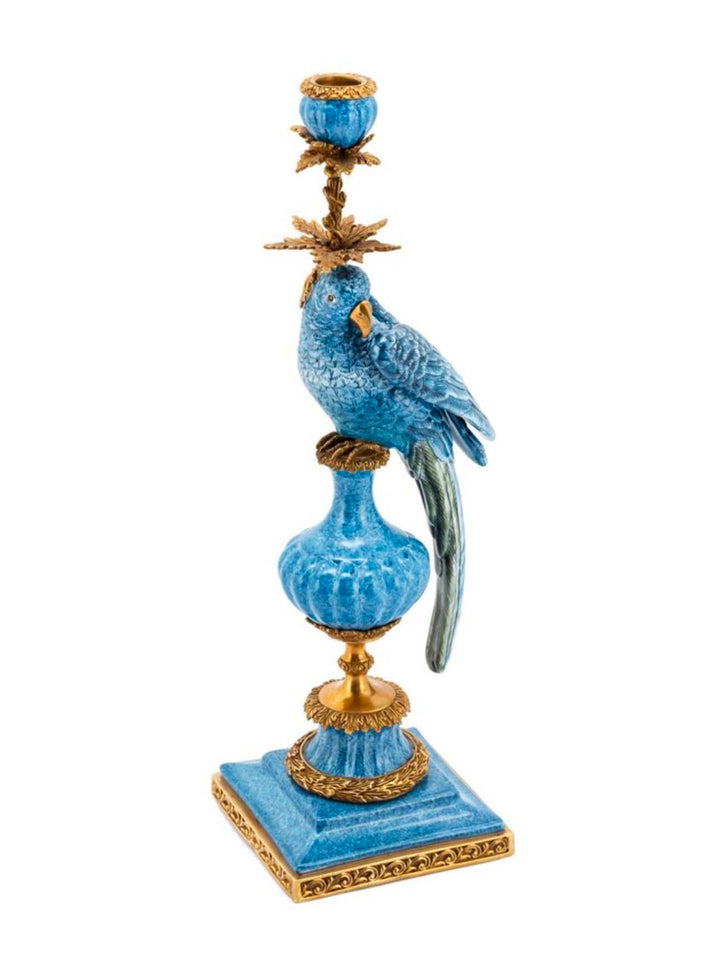 Blue parrot candle holders, porcelain and bronze candle holders, exclusive designer candle holders