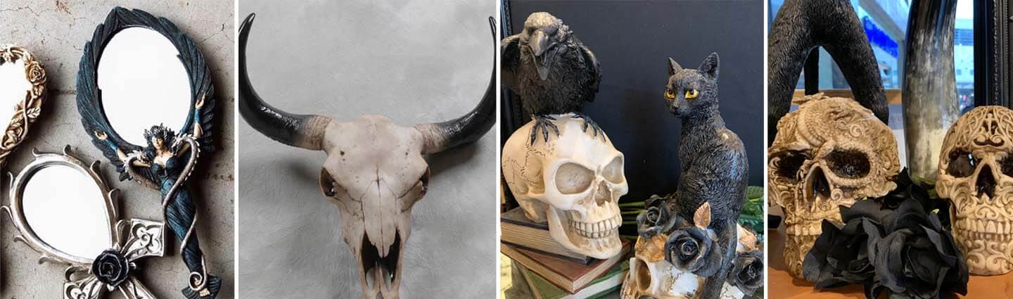 Skull Decoration, Skeletons, Dragons, Black Cats, wolves, ravens, crows, steampunk, Alchemist, demons, devils, fantasy and gothic art