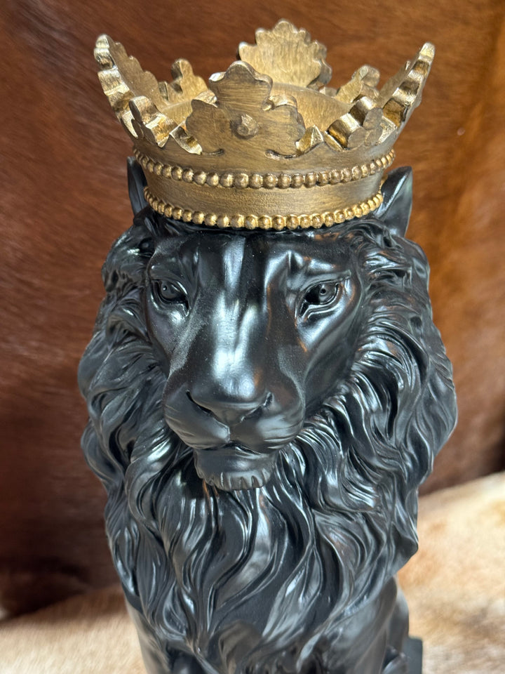 Lion Sculpture, Black Lion With Gold Crown Large