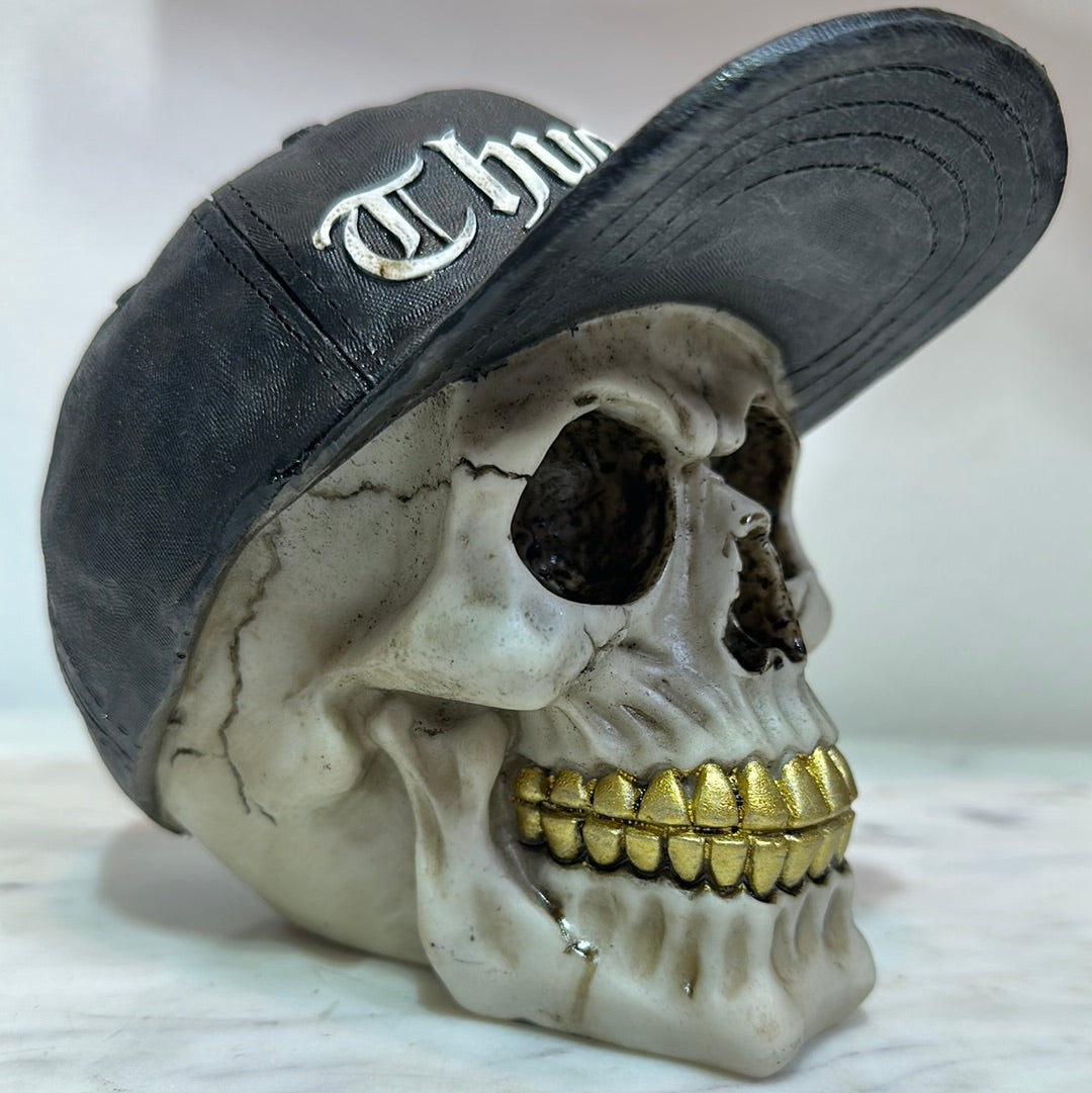 Thug Life Skull,  with Gold Teeth and Baseball Cap Figurine