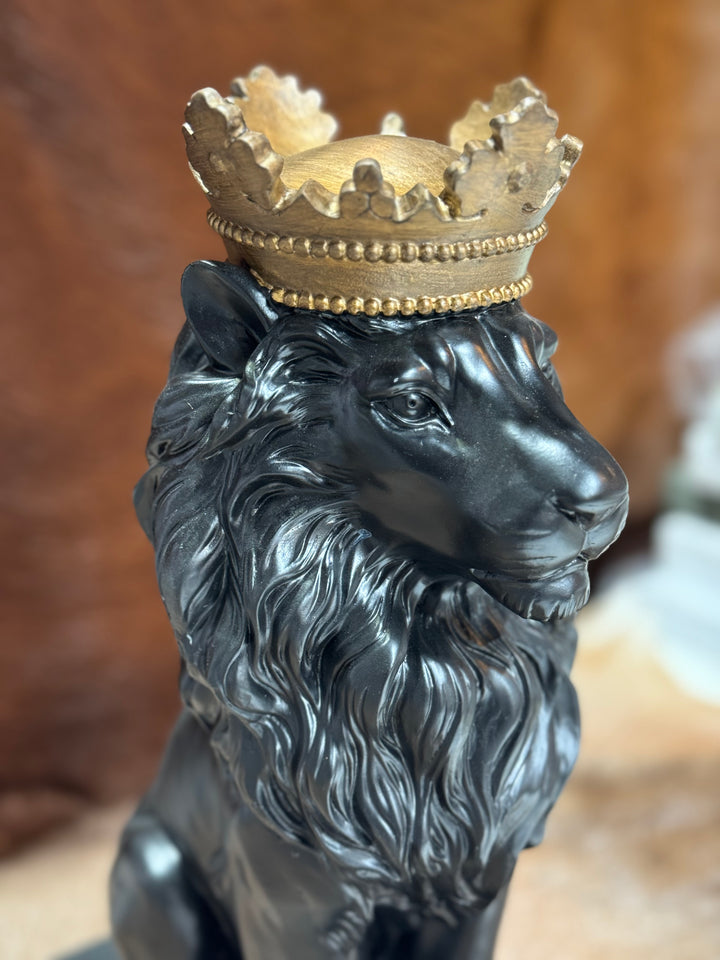 Lion Sculpture, Black Lion With Gold Crown Large