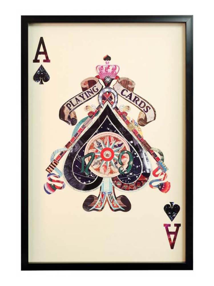 Framed artwork of a playing card ace design with 3D collage decoration