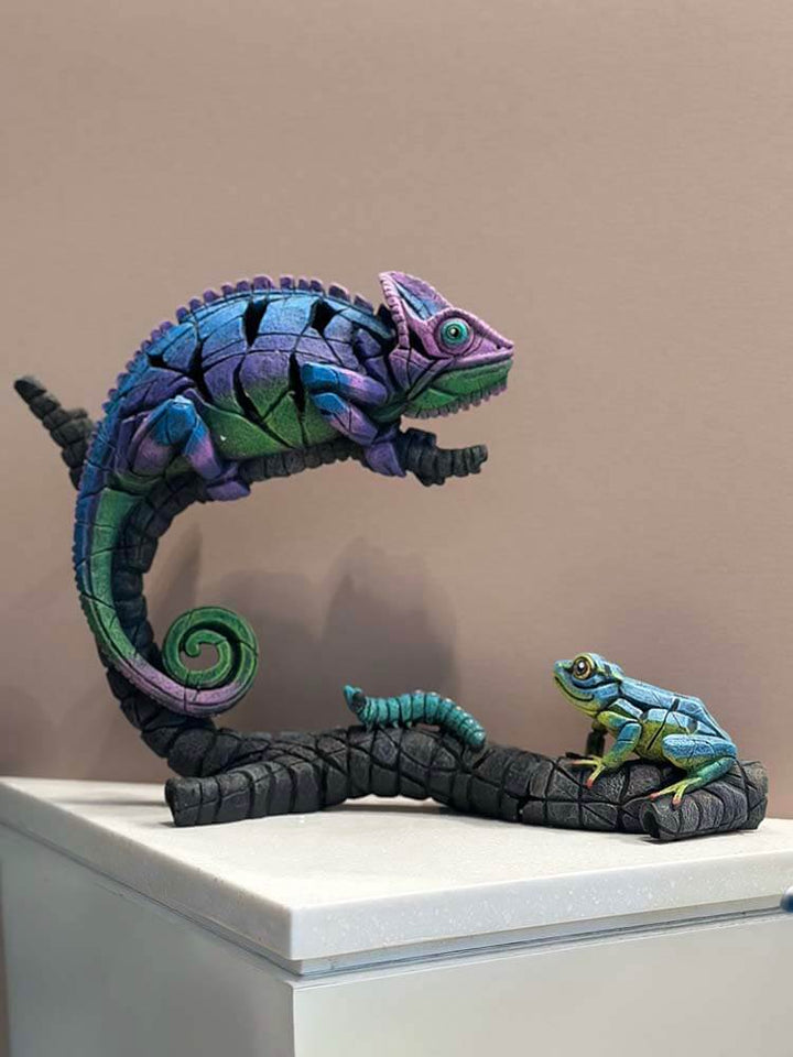 Edge Sculpture Chameleon Rainbow Pink with matching frog 