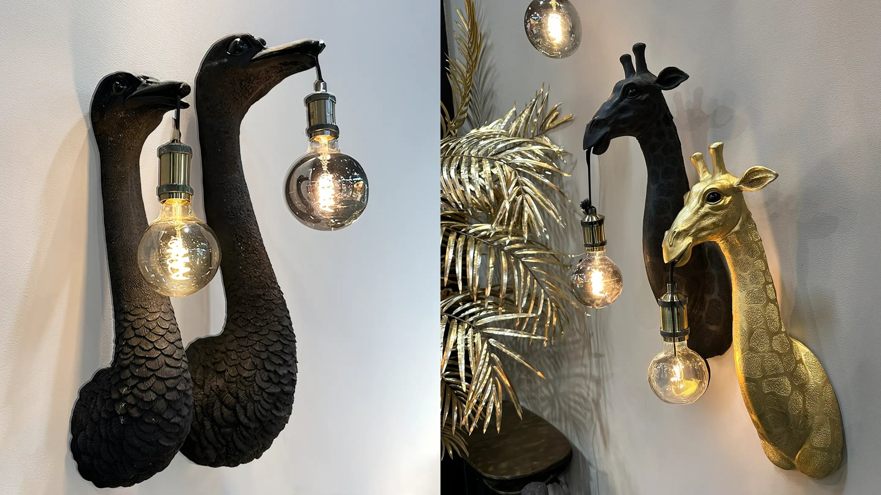 Transform your space with our striking animal wall light collection featuring giraffe and ostrich designs in luxurious black and gold. These wild animal head wall lamps blend sculptural art with functional lighting, perfect for safari-themed or eclectic interiors. Add bold personality to any room with these unique statement wall sconces.