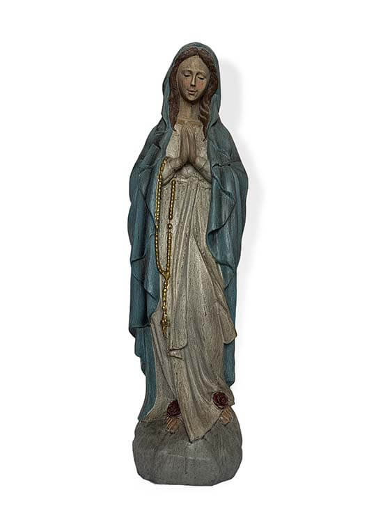 Mother Mary wearing a flowing blue robe and holding a Rosary necklace