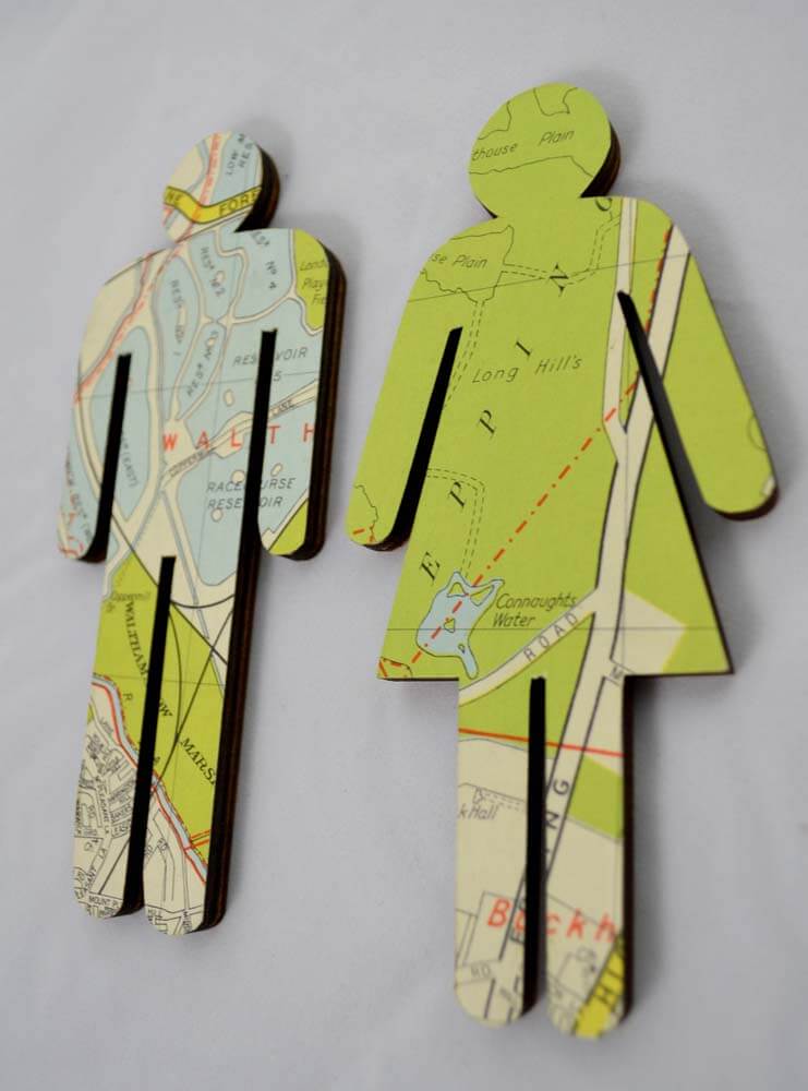 Map covered bathroom sign, Handmade wooden WC sign