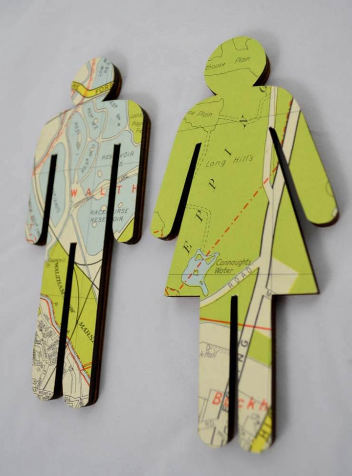 Map Covered Wooden Bathroom Sign, WC Door Sign, Male Female Sign