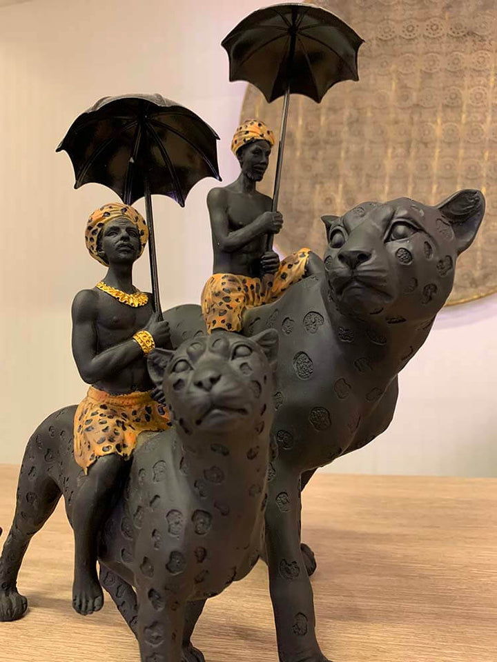 Black Turban Man on Leopard, Black Boy on Leopard, 50cm
