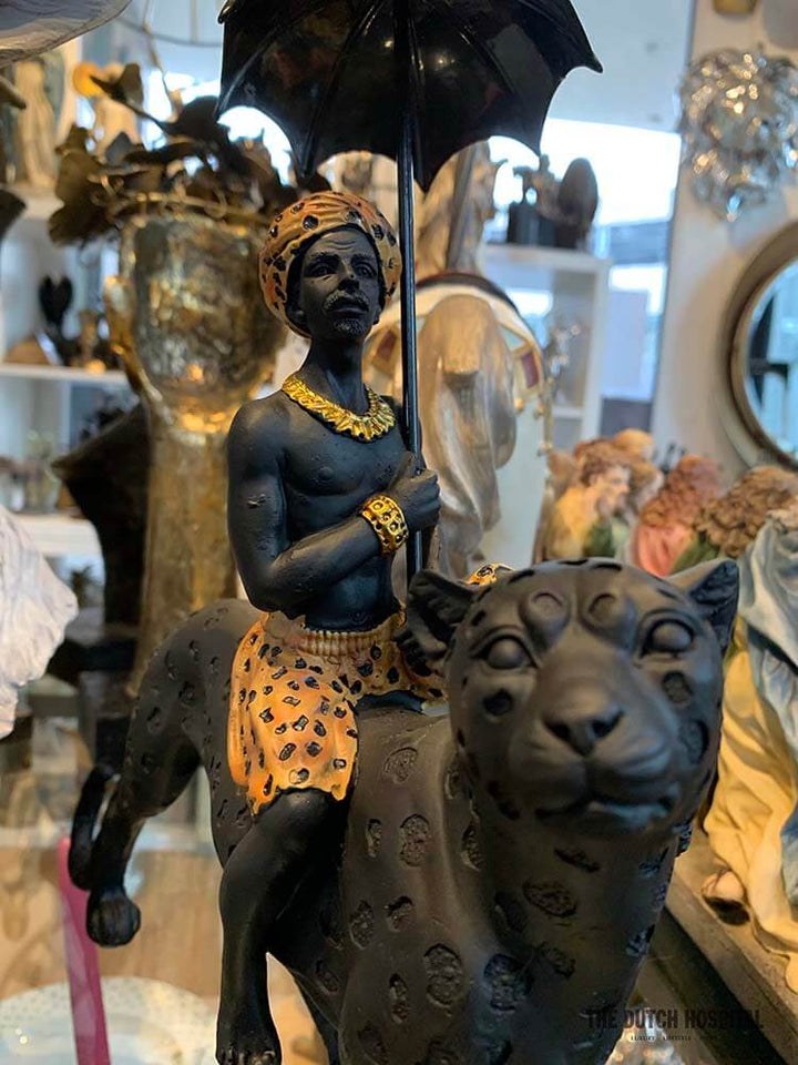 Black Turban Man on Leopard, Black Boy on Leopard, 50cm