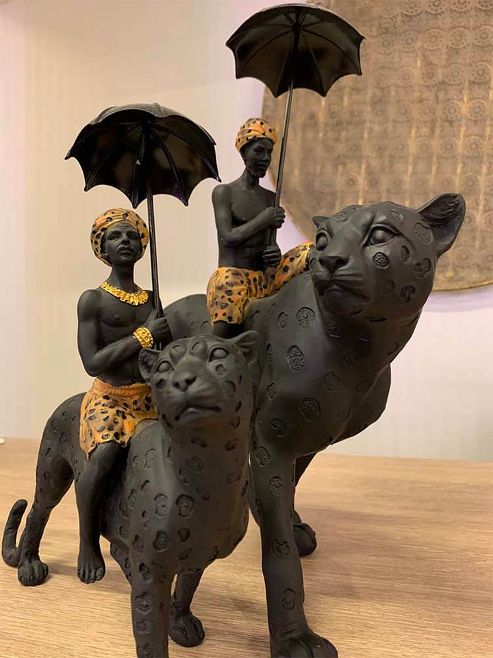 Black Turban Man on Leopard, Black Boy on Leopard, 50cm