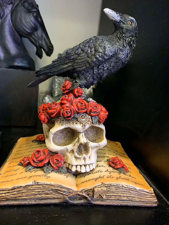 Raven on red rose skull book