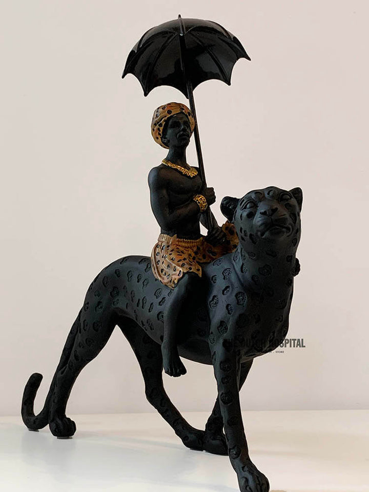 Black Turban Man on Leopard, Black Boy on Leopard, 50cm