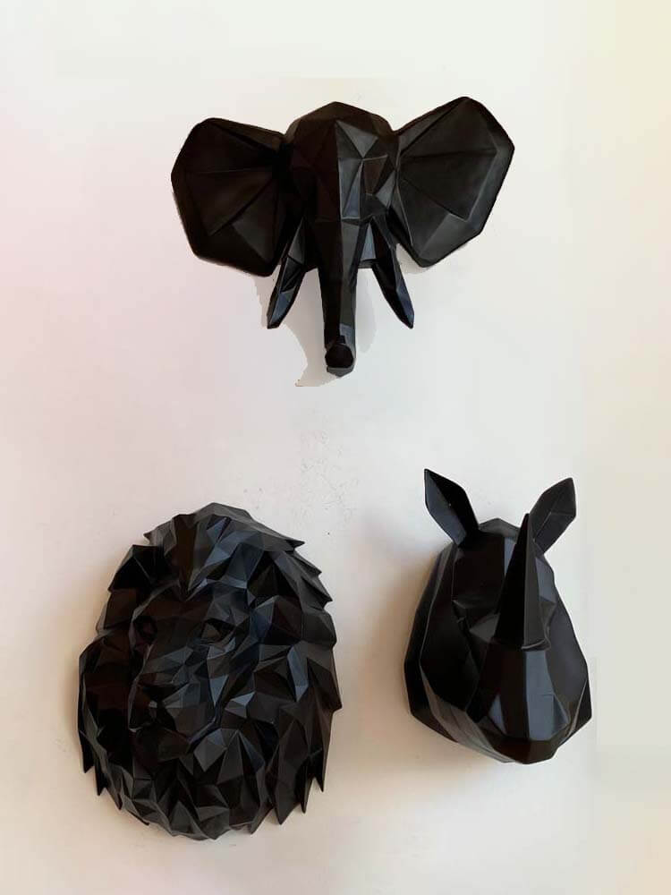 Black Origami Elephant Wall Head, Geometric Elephant, Lion, Rhino