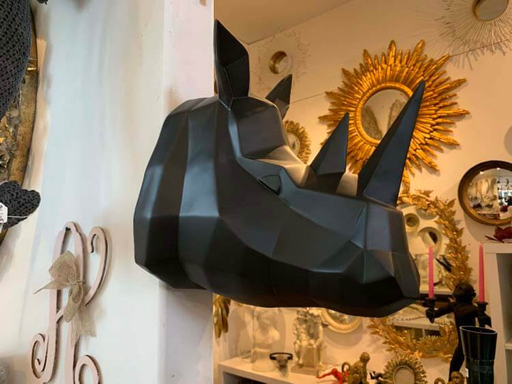 Black Origami Rhino Wall Head, Geometric Elephant, Lion, Rhino