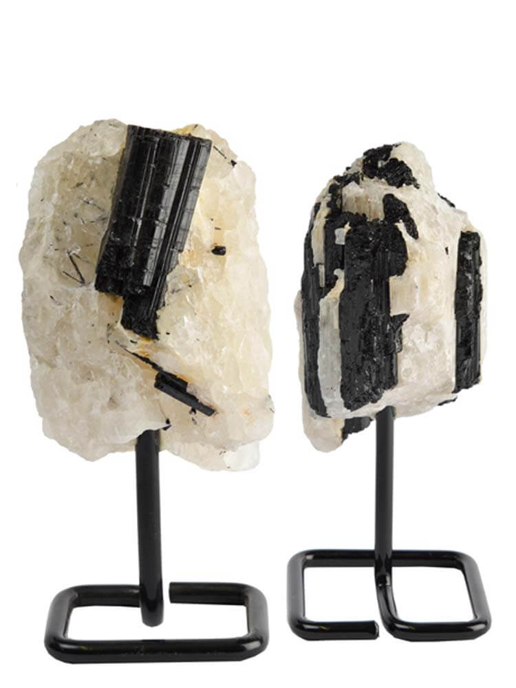 Black and White Tourmaline crystals displayed on a metal stand, perfect for home décor, crystal collections, energy healing, and meditation spaces.