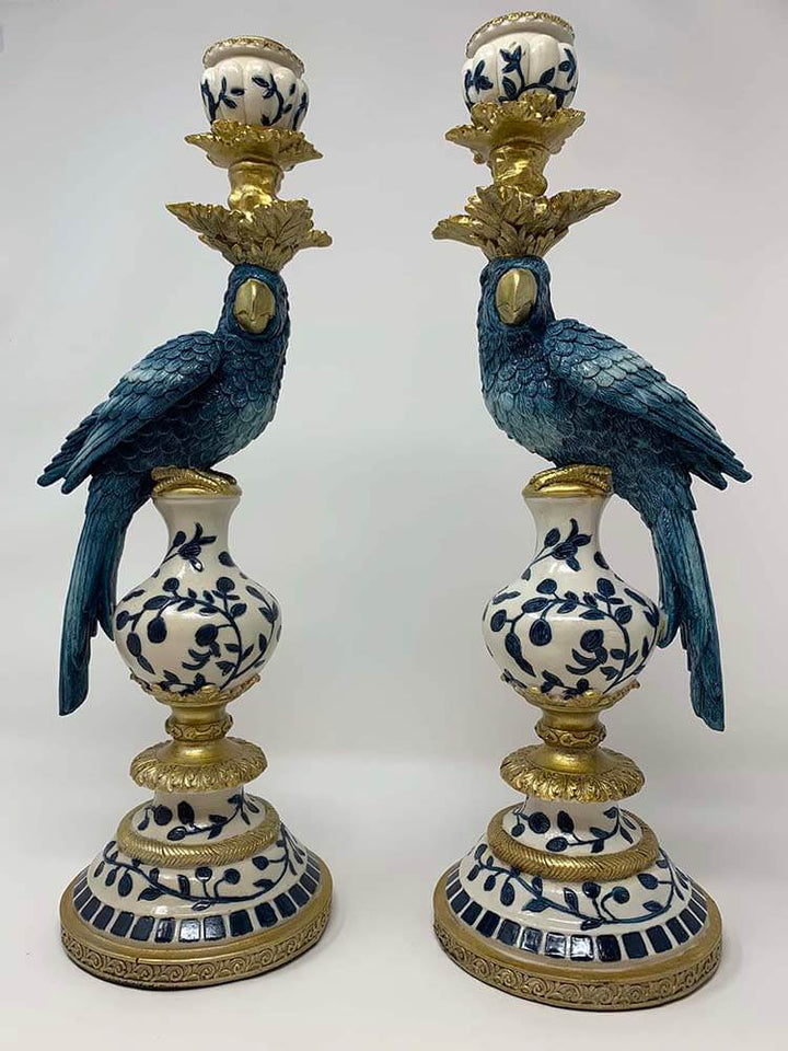 blue and white parrot candle holders