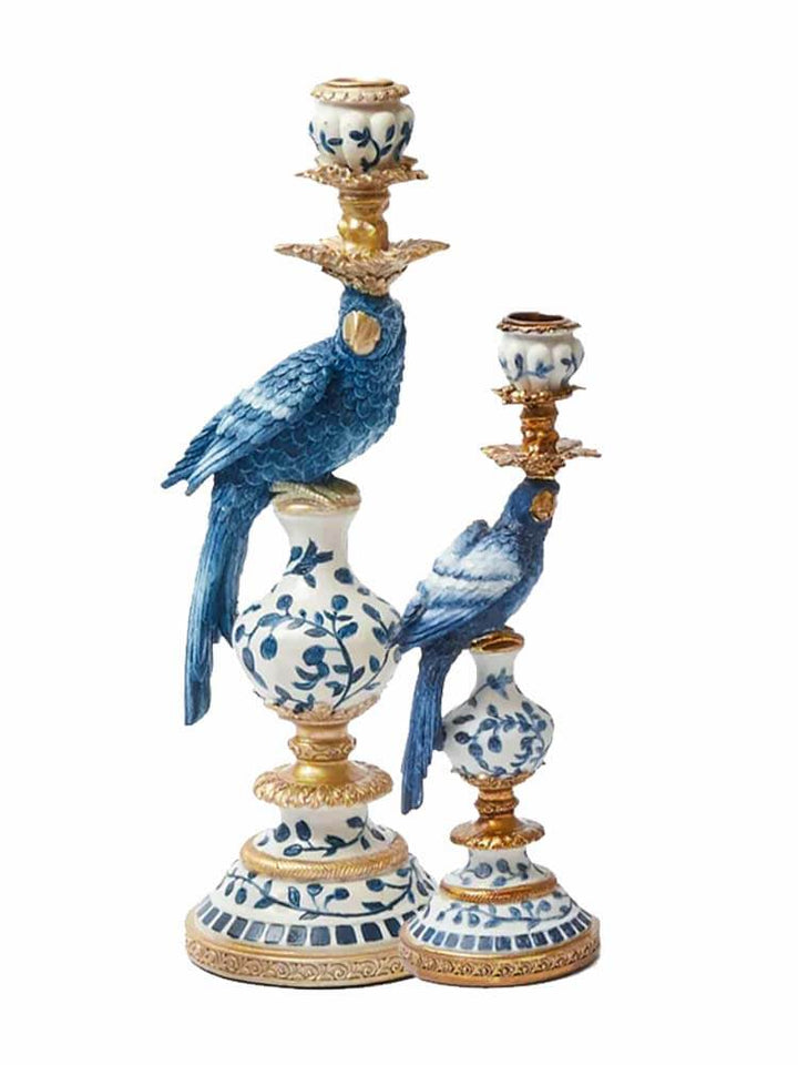 Chinoiserie blue and white parrots candle holders