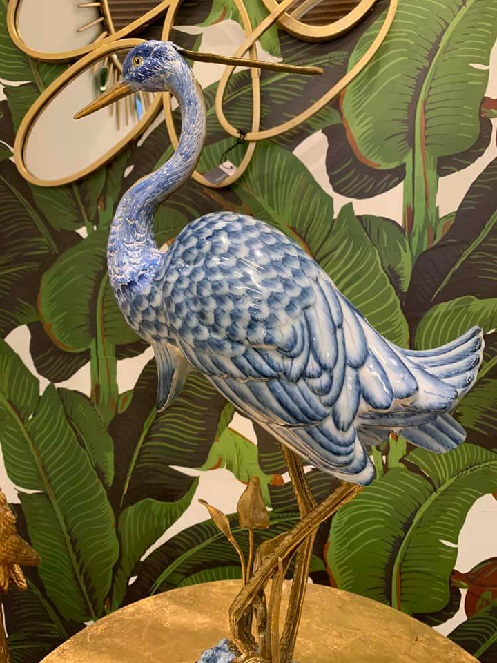 luxury porcelain bird ornament, elegant heron tabletop sculpture