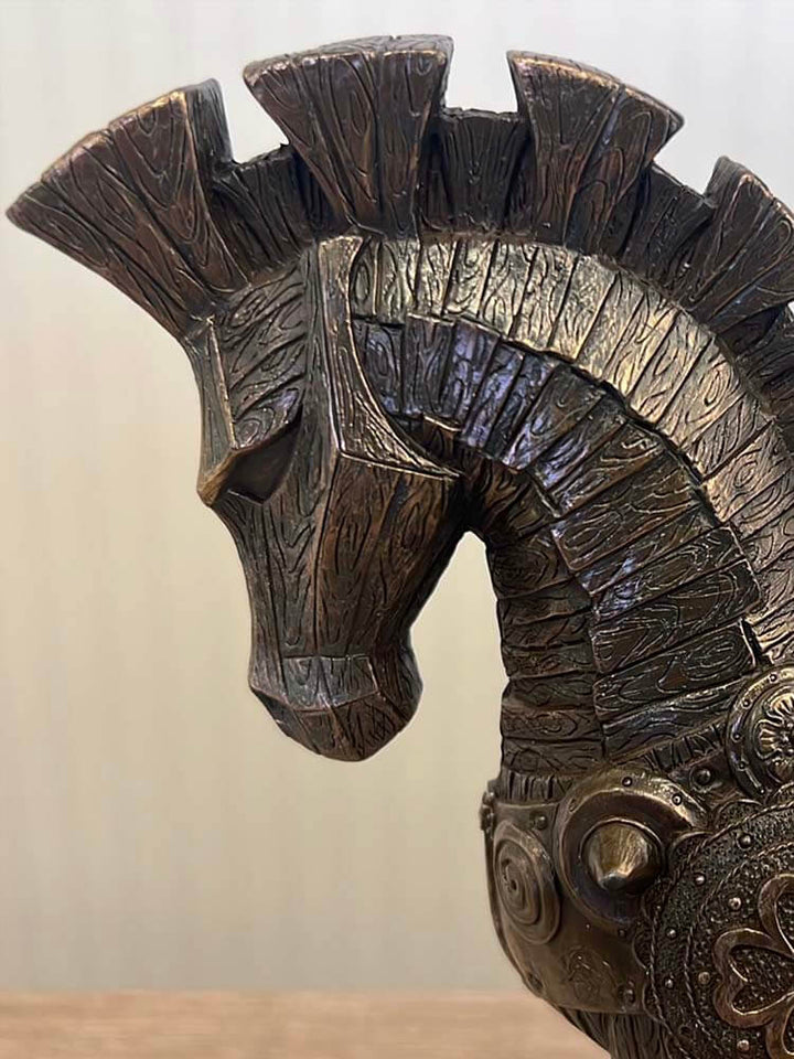 the Odyssey 28cm cast bronze Trojan horse head statue showing craftsmanship