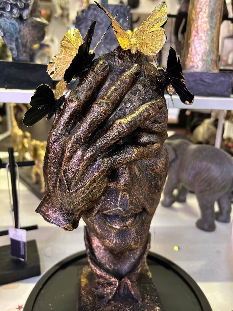 Sculpted butterfly face, gold and black butterfly glass dome décor, The Dutch Hospital