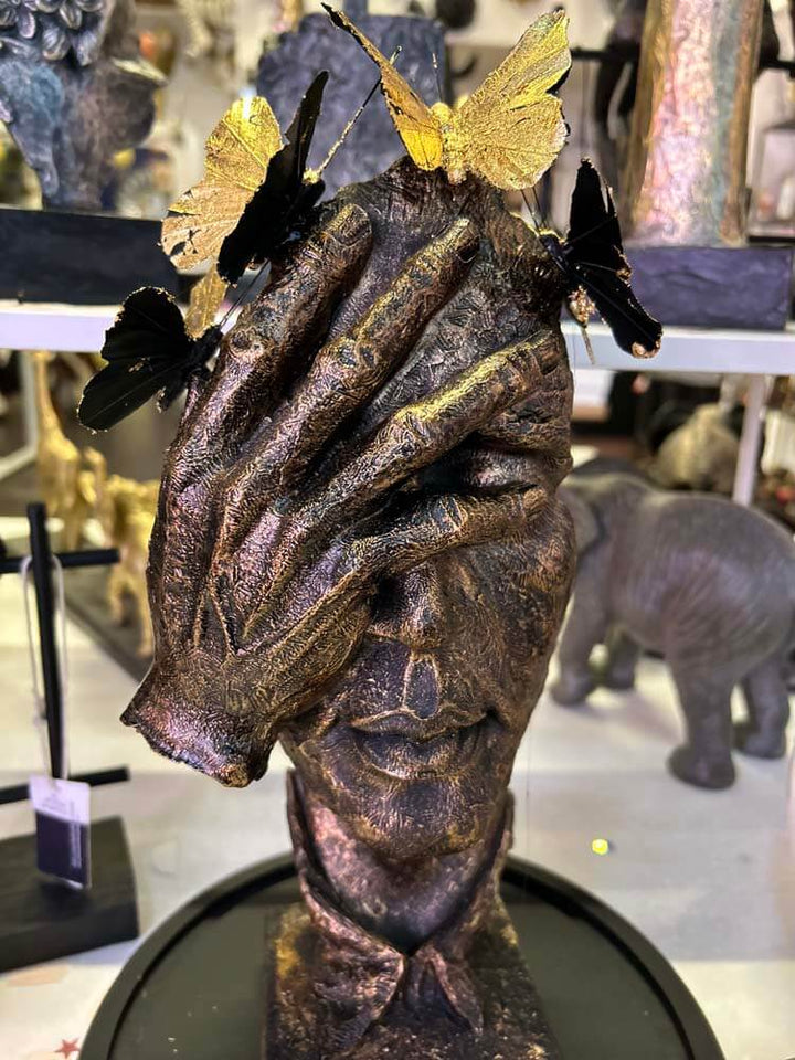 Sculpted butterfly face, gold and black butterfly glass dome décor, The Dutch Hospital