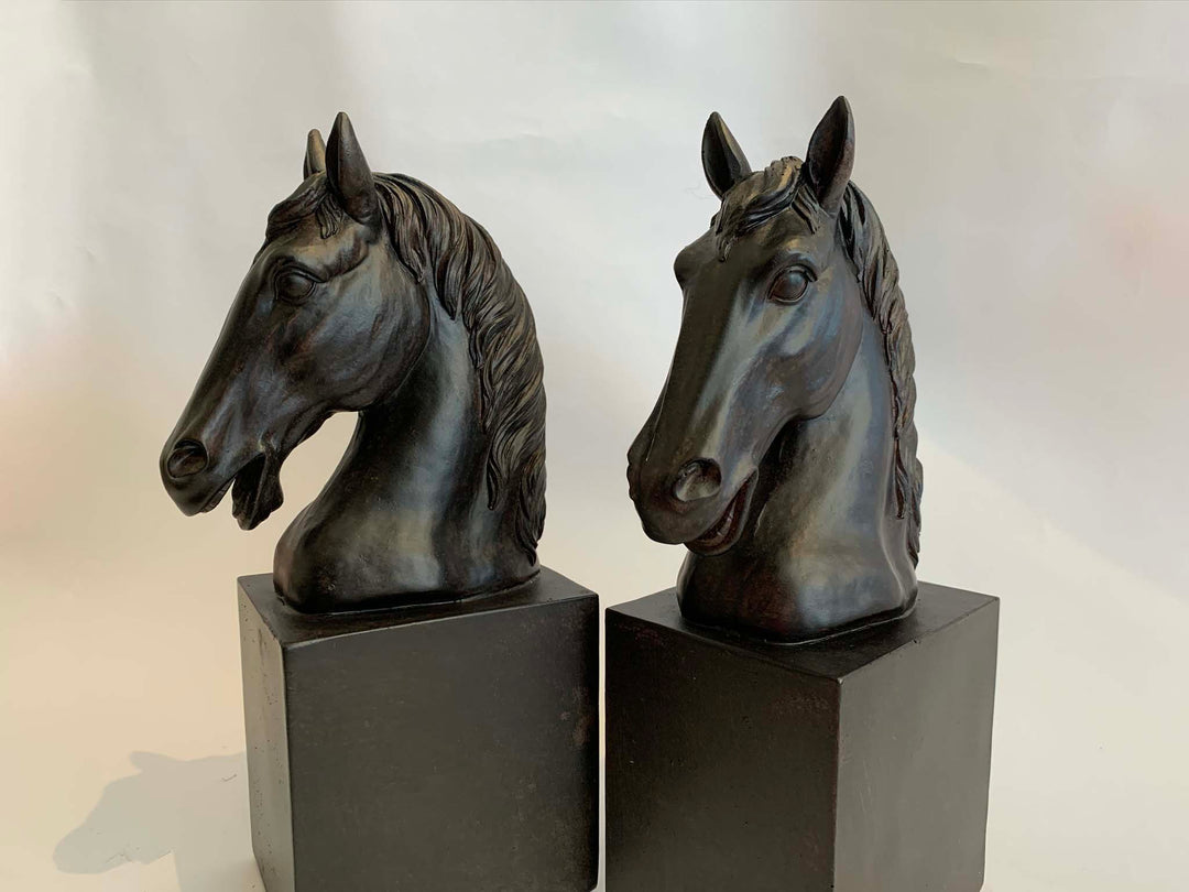 black horse statue, horse head bookends 