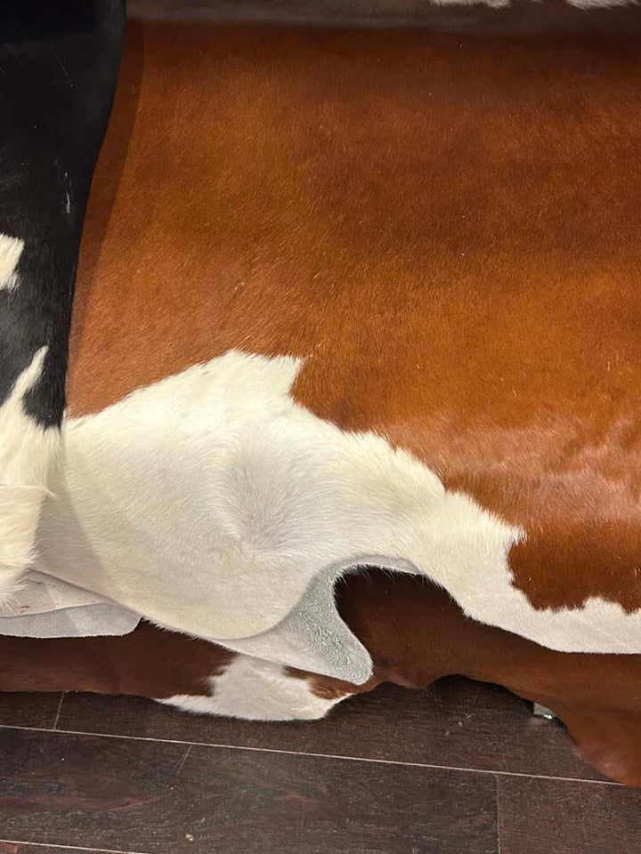 Cowhide rug with brown, white, and black patches 