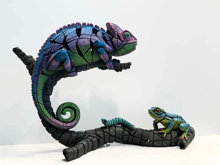 Edge Sculpture Chameleon Rainbow Pink with matching frog small green