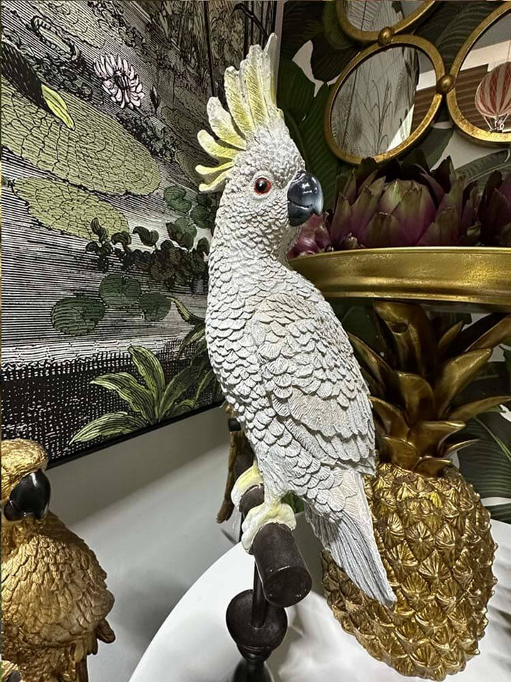 White Cockatoo Bird Figurine , White Cockatoo Ornament, perched on a stand