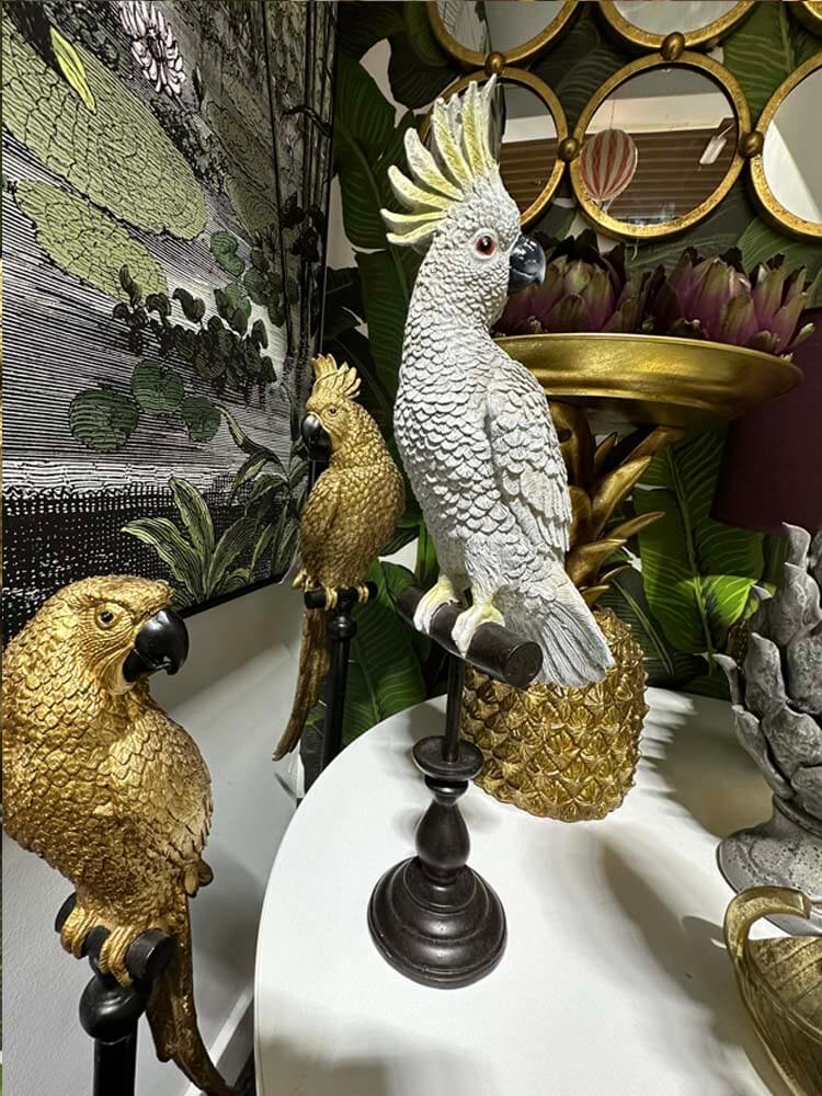 White Cockatoo Bird Figurine , White Cockatoo Ornament, perched on a stand,