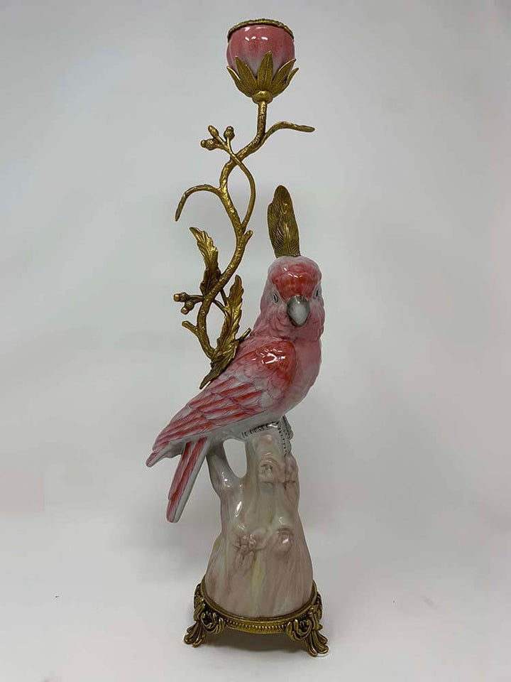 Pink Parrot Candle Holders, Porcelain and Bronze Candlestick, 43cm