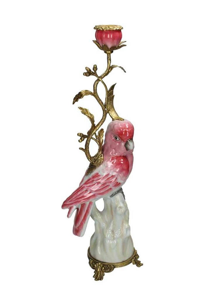 Pink Parrot Candle Holders, Porcelain and Bronze Candlestick, 43cm