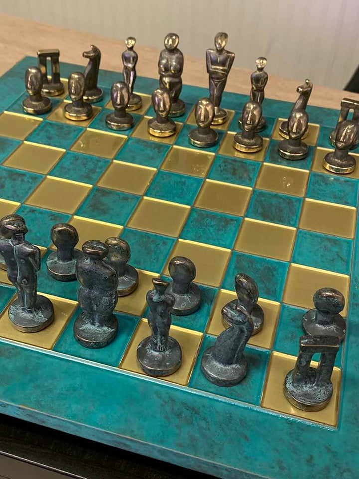 Bronze Chess Set with solid brass chessmen in bronze and blue patina
