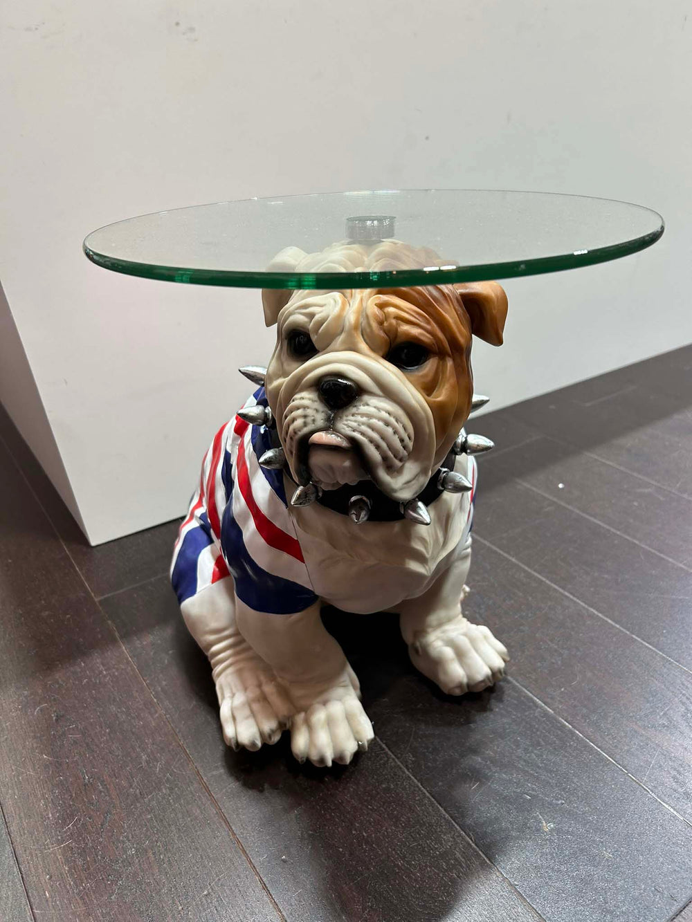 sitting English bulldog in Union Flag coat side table 