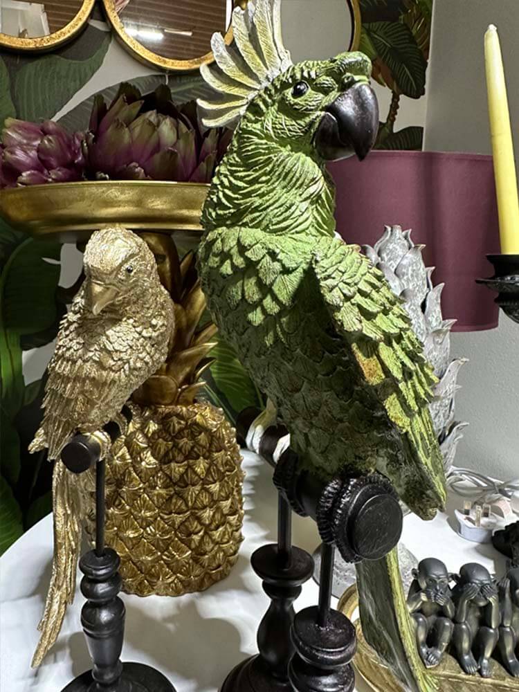 golden parrot, gold tropical bird statue 