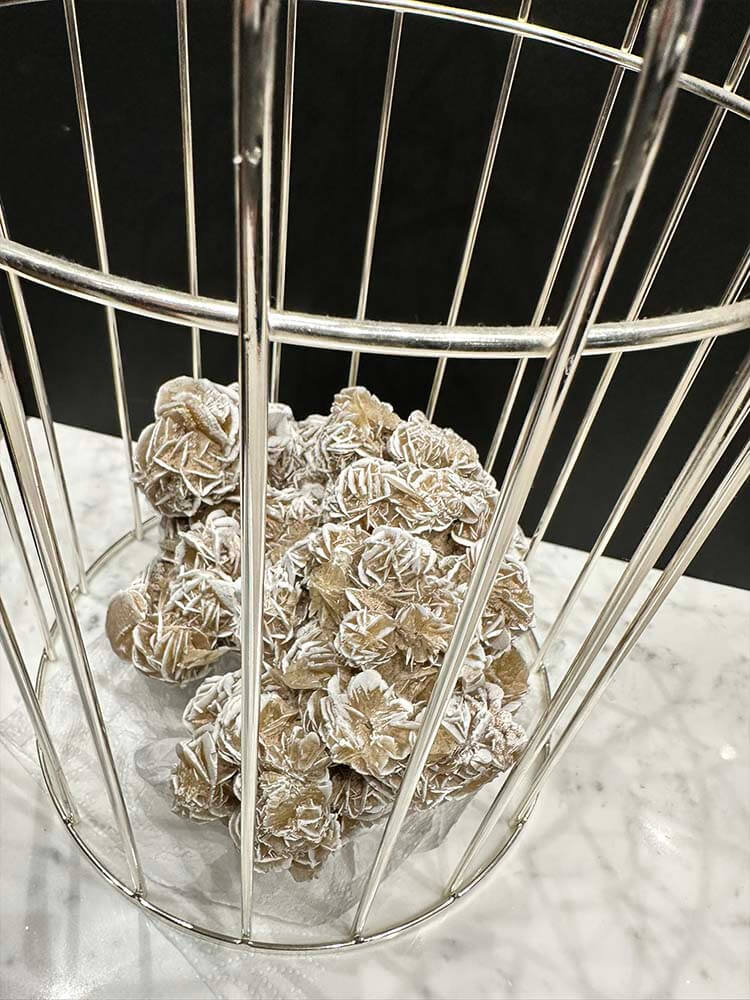 desert rose crystal, clear quartz crystal, calcite crystals by The Dutch Hospital gemstone and silver jewellery collection 