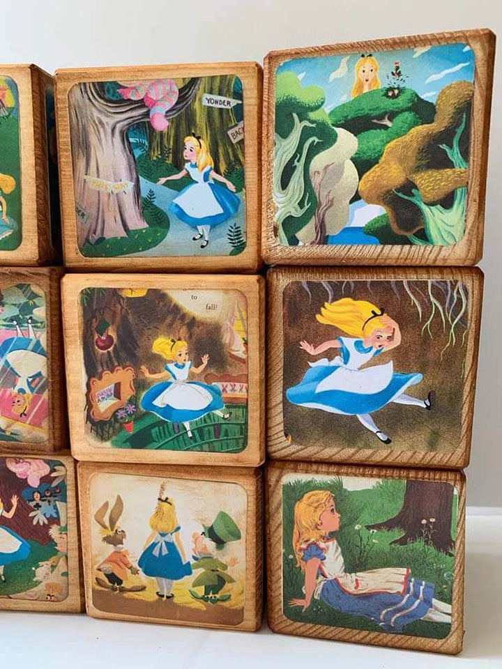 Personalized Baby Blocks with Alice in Wonderland Theme for Nursery, Baby Shower, Birthdays and Weddings. Made of Pine Wood. Alice in Wonderland Vintage Baby Blocks.