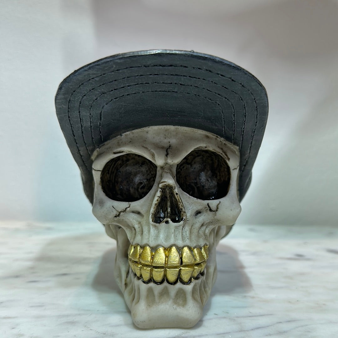 Thug Life Skull,  with Gold Teeth and Baseball Cap Figurine
