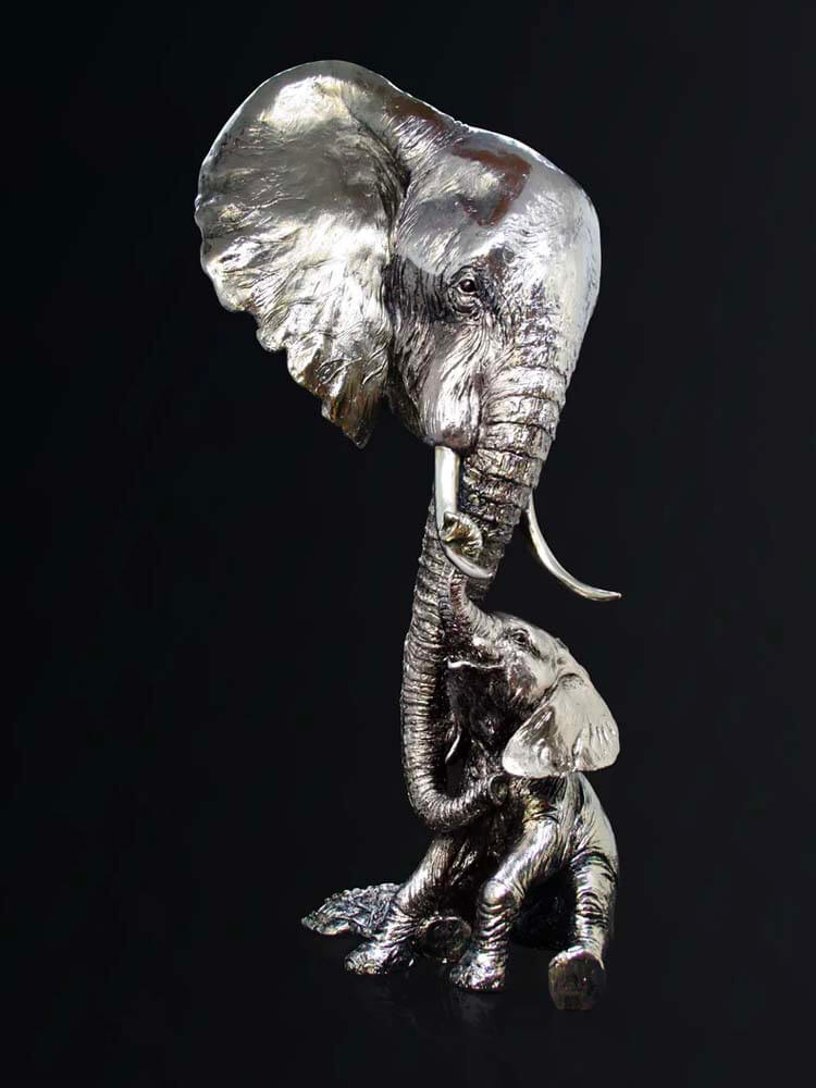 Elephant Mother and Baby Figurine Silver 