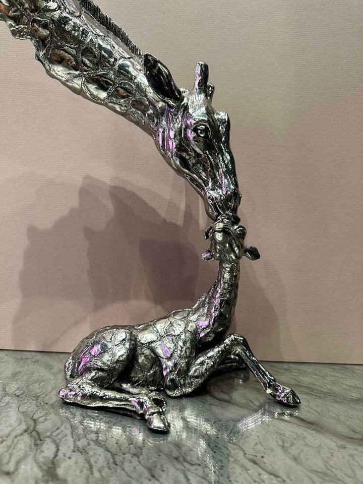 Giraffe Mother and Baby Figurine Silver, 37cm