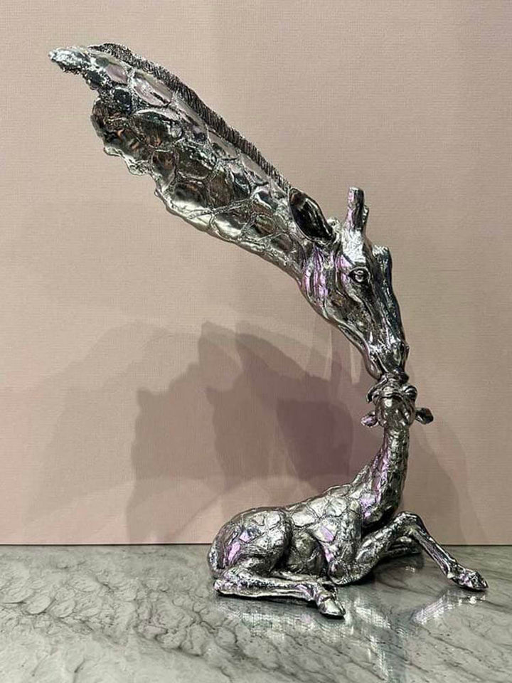 Giraffe Mother and Baby Figurine Silver, 37cm