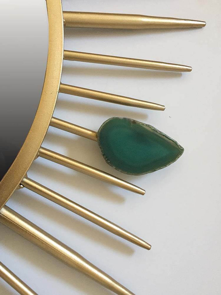 Circular shape green agate stone sunburst mirror 