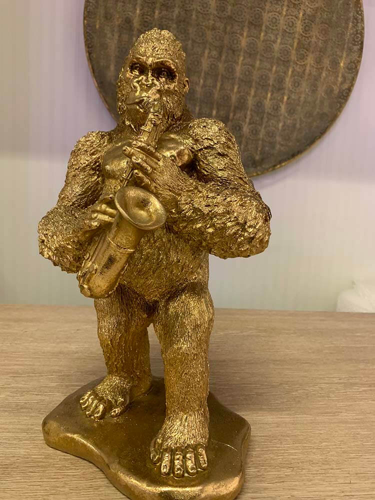 Gorilla Playing Sax gold ornamental statue 