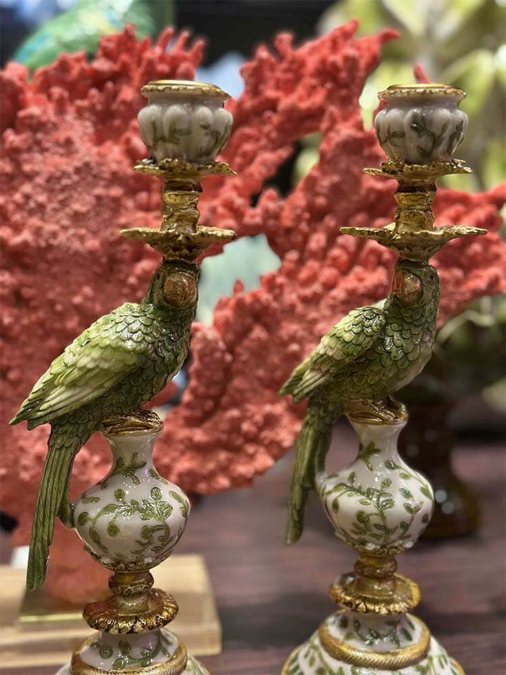 Green parrot candle holders, ceramic candle sticks