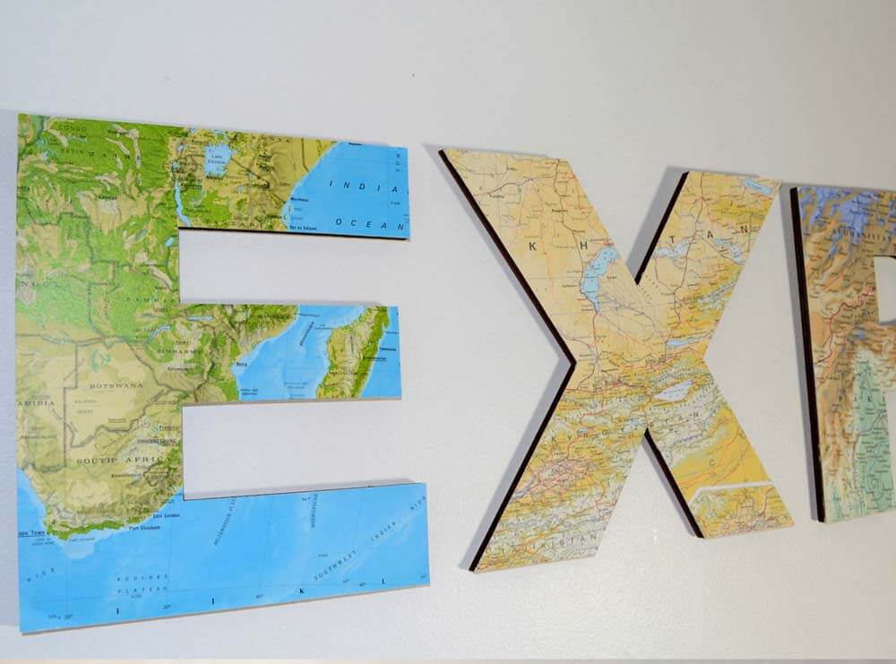 Wall mounted map letter set EXPLORE, Wooden letters for travel lovers, Map-covered wooden letters