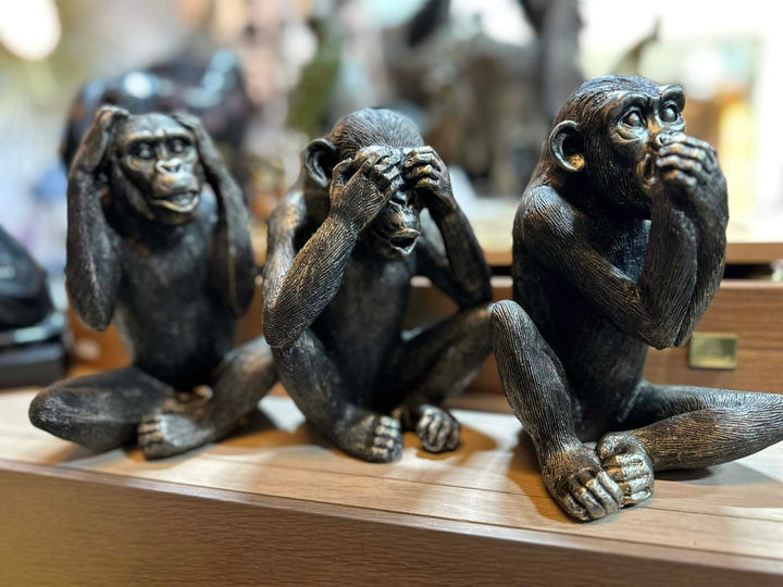 Set of three detailed free standing/sitting monkey ornaments made from strong resin material with detailed painted finish