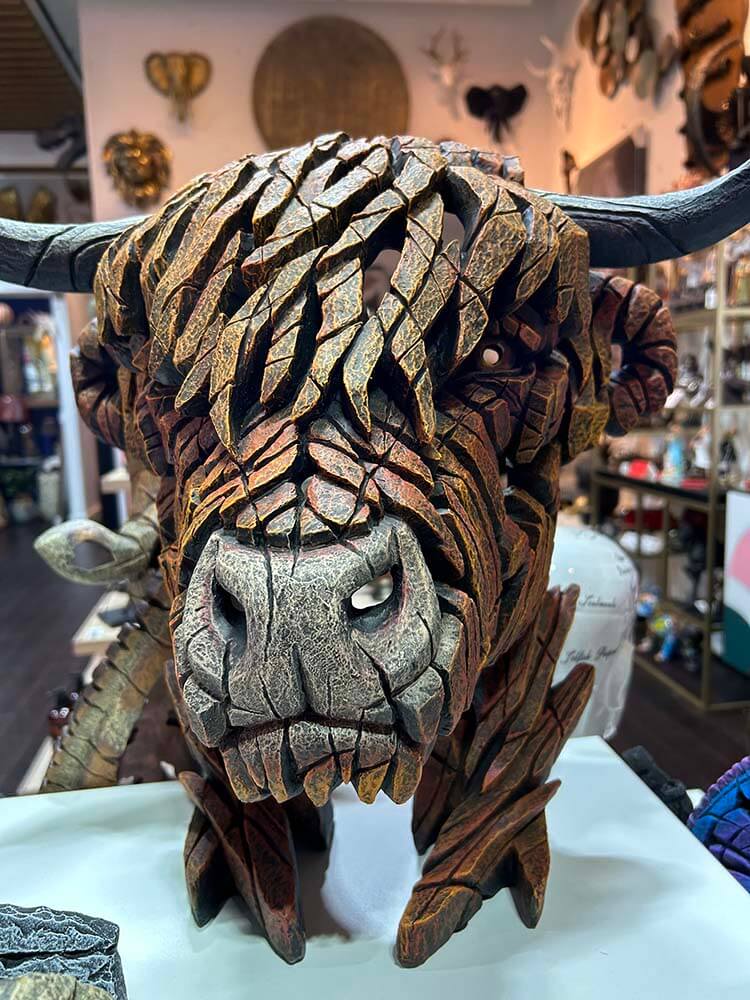 highland cow statue, longhorn cow skull