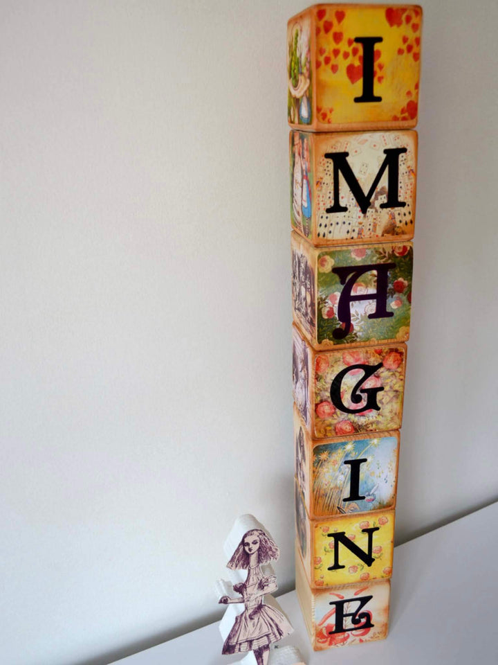 IMAGINE, Alice Personalised wooden name blocks with name, Wooden blocks, Baby Shower Table centrepiece, Vintage classic story book theme decoration, Alice, Cheshire cat blocks, Queen of hearts, Alice Through the Looking Glass, Wooden building Blocks