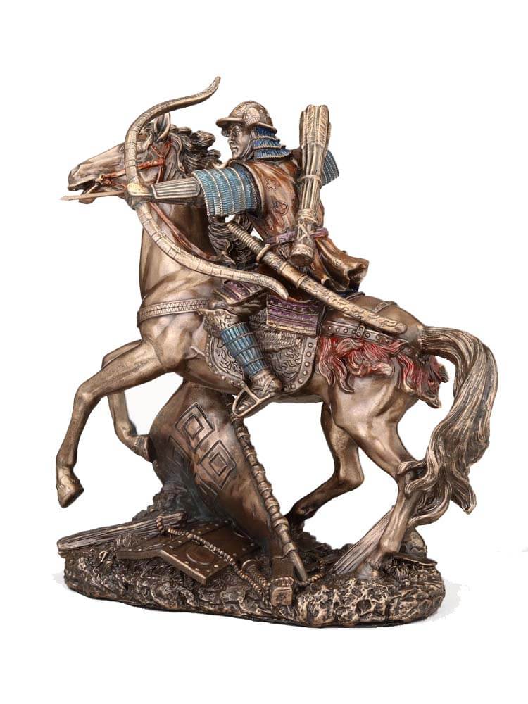 Japanese Warriors Statue, Samurai Mounted Cavalry Charge Bronze, 17cm